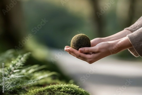 Obraz Gentle Hands Holding a Small Mossy Sphere in a Serene Natural Setting