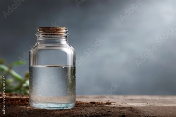 Obraz Glass Jar Filled With Clear Water on Wood Surface Surrounded by Coffee Grounds and Greenery