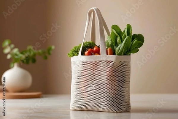 Obraz Hand Holding Mesh Cotton Tote Bag Filled with Fresh Vegetables on Light Background