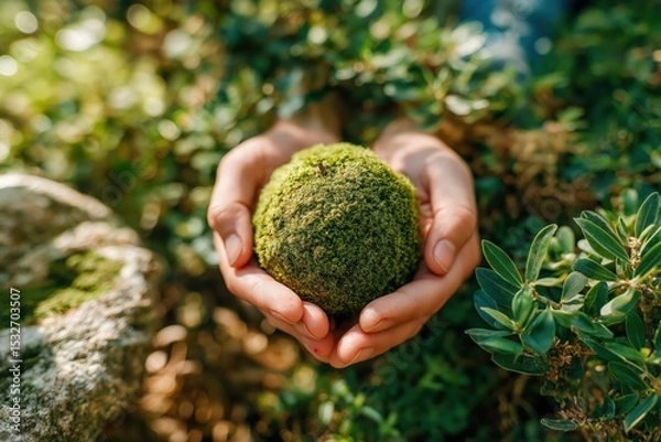 Obraz Gentle Hands Holding a Small Mossy Sphere Surrounded by Lush Greenery