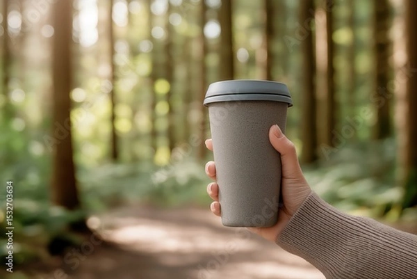 Obraz Hand Holding Reusable Travel Coffee Cup in Lush Green Forest with Sunlight Filtering Through Trees