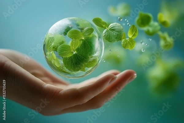Obraz Hand Holding Transparent Globe with Green Leaves and Bubbles on Soft Blue Background