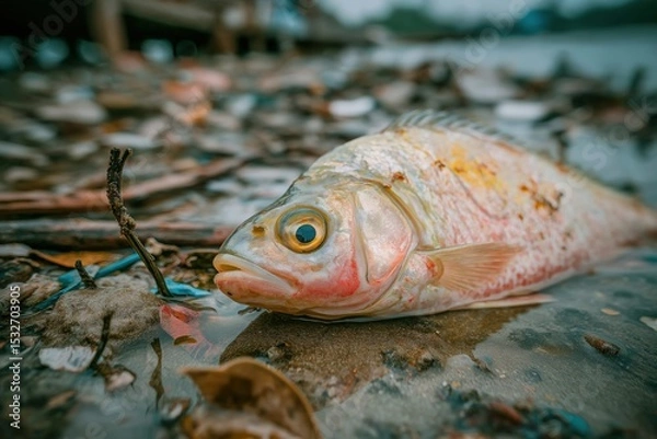 Obraz High Angle Shot Of A Pale Lifeless Fish Floating Amongst Debris In A Murky Water Environment