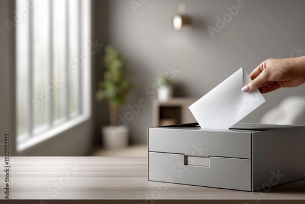 Obraz Hand Inserting Crumpled Paper Into Gray Storage Box On Modern Office Desk