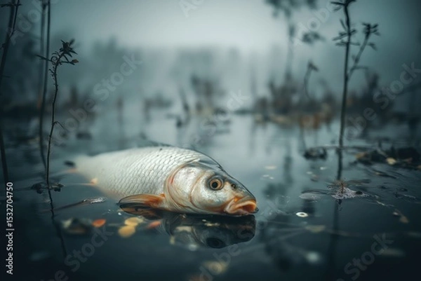 Obraz High Angle View of Lifeless Fish Floating in Misty Water Surrounded by Vegetation