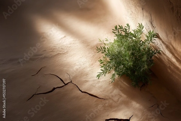 Obraz Lone Green Seedling Sprouting from Dry Earth with Dramatic Lighting