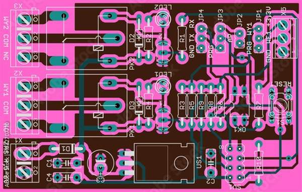 Fototapeta Vector printed circuit board of electronic 
device with components set of radio elements, 
conductors and contact pads placed on pcb. 
Engineering technic drawing. Electric background.
Cad design.
