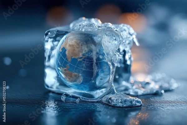 Obraz Miniature Globe Encased in Melting Ice Cube on Dark Reflected Surface
