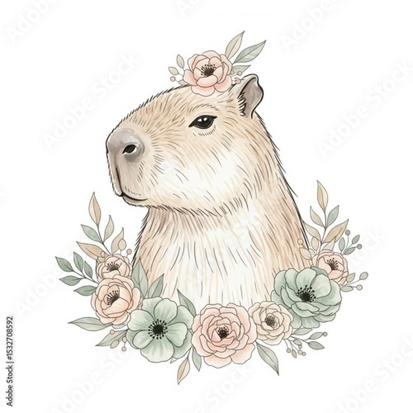 Fototapeta Charming nursery art of a sweet capybara with a floral wreath, rendered in a soft, gentle watercolor style on a white background
