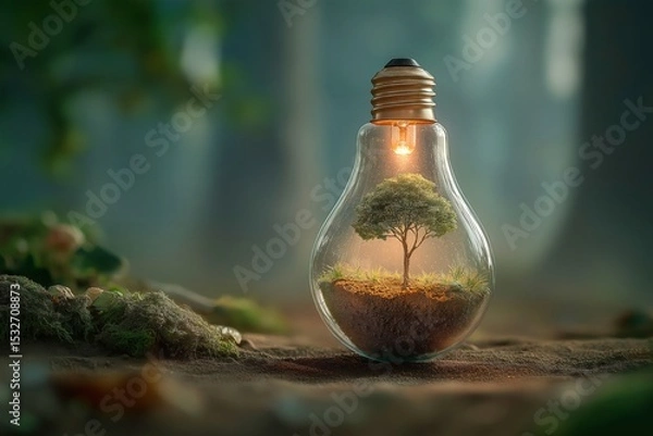 Obraz Small Tree Growing Inside Glass Light Bulb with Glowing Soil in a Forest Setting