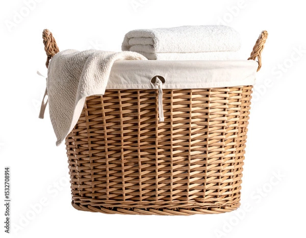 Fototapeta Wicker laundry basket with white towels and soft blanket  isolated on transparent or white background	
 