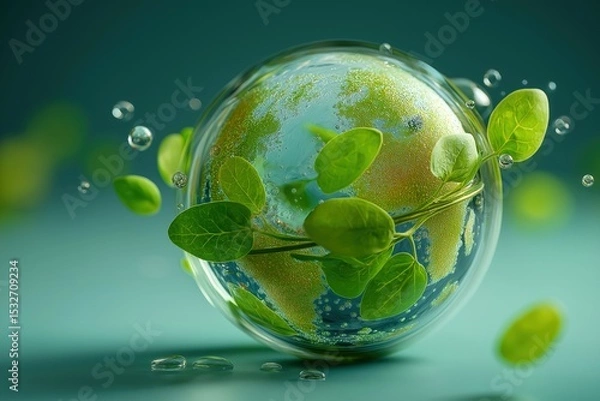 Obraz Stylized Earth Globe Surrounded by Green Leaves and Bubbles on Soft Blue Background