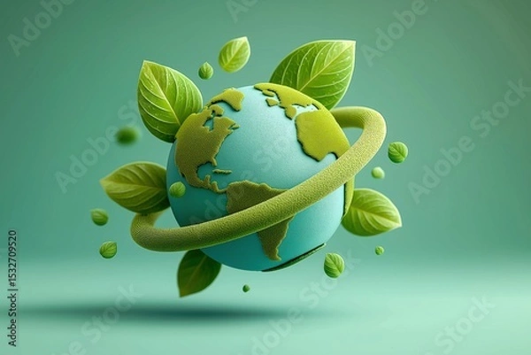 Obraz Stylized Earth Globe Surrounded by Green Leaves and Organic Elements on Soft Turquoise Background