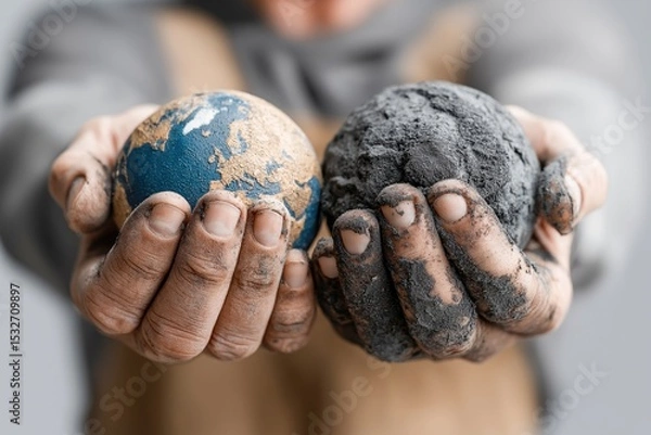 Obraz Symbolic Composition of Two Hands Holding Earth and Moon Globes with Textured Surfaces