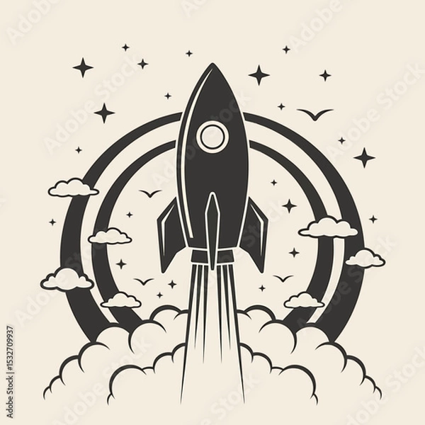 Obraz Stylized Black Rocket Ship Launching into Space A Vintage Illustration