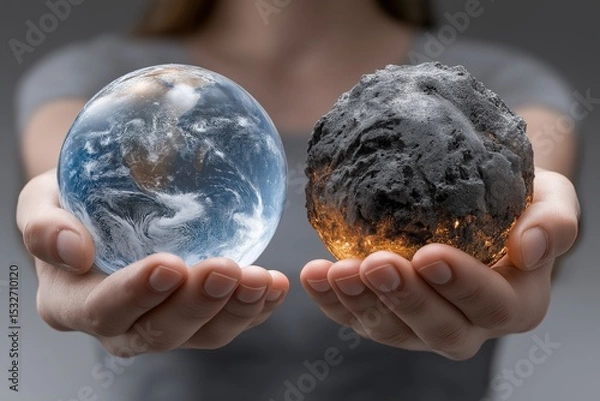 Obraz Symbolic Representation of Two Hands Holding Crystal Spheres with Earth and Fire Elements
