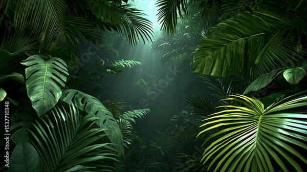 Obraz Lush green foliage filters sunlight creating a serene and vibrant atmosphere in the tropical jungle.
