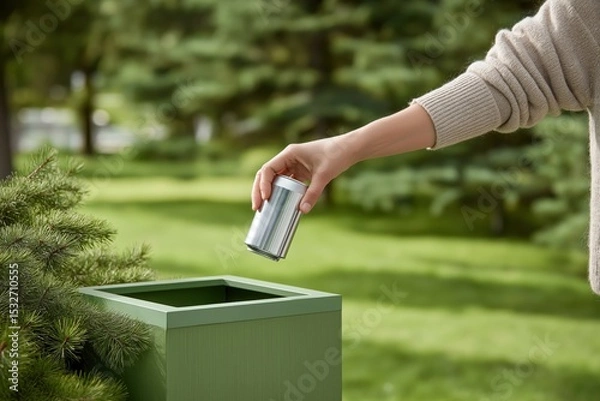 Obraz Top View of a Person Dropping a Crushed Aluminum Can into a Green Recycling Bin Outdoors