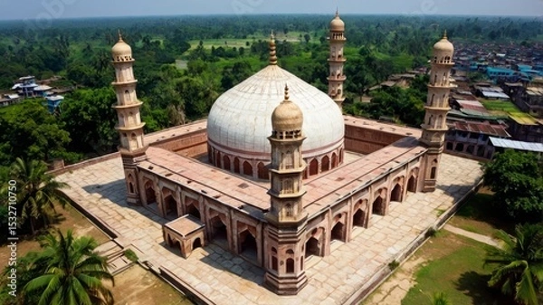 Fototapeta Aerial view of Baitul Aman Jame Masjid, a beautiful islamic mosque complex in Wazirpur.