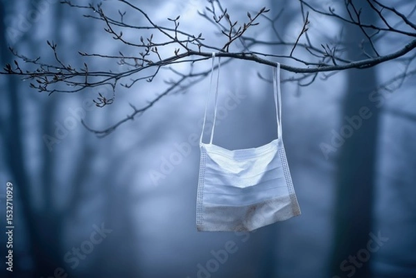 Obraz Used Disposable Face Mask Hanging on a Branch in a Foggy Forest