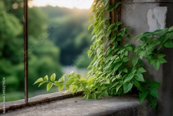 Obraz Vibrant Green Vines Cascading from Old Window Frame with Soft Sunrise Light