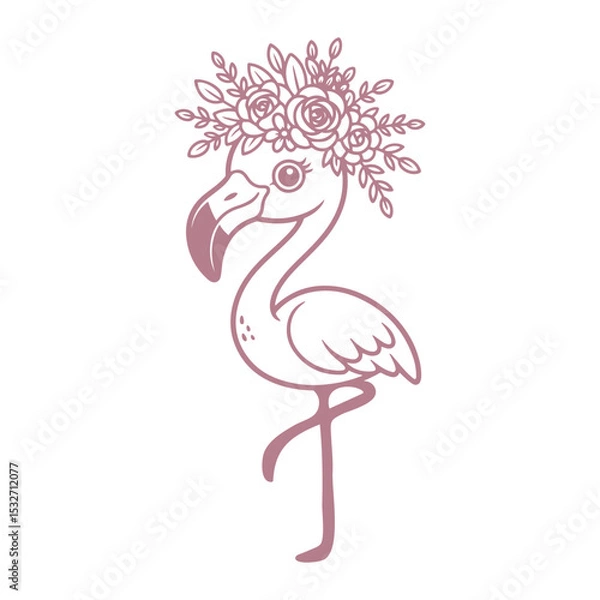 Fototapeta Cute flamingo in flower wreath. Cartoon baby animal character isolated on white background.