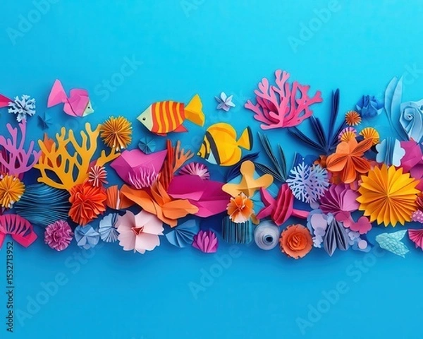 Fototapeta Vibrant origami reef teeming with tiny paper sea creatures, cozy and full of life