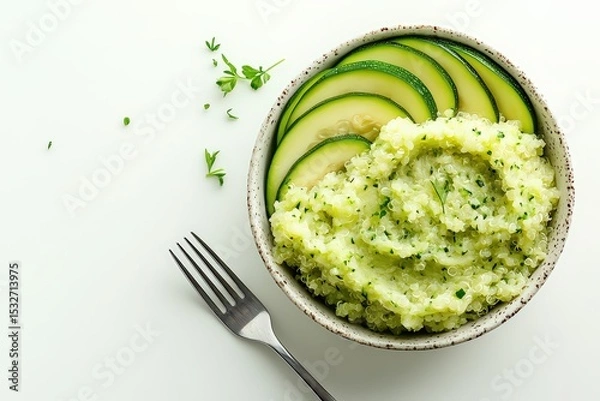 Fototapeta  Green vegetable mash in bowl with sliced zucchini, fork beside, fresh herbs sprinkled for light and healthy vegetarian meal
