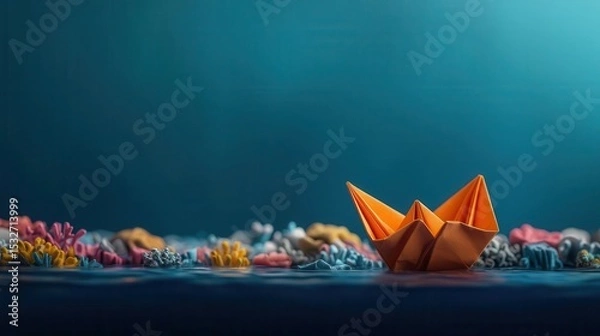 Fototapeta Colorful origami shrimp crawling over a coral reef, cozy and glowing with underwater warmth