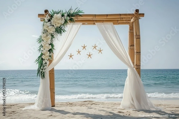 Fototapeta  Bamboo wedding arch on beach, white drapes with flowers and starfish, serene ocean backdrop symbolizes romantic coastal ceremony