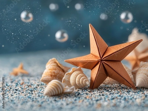 Fototapeta Charming origami starfish resting on a sandy ocean floor, surrounded by seashells and soft bubbles