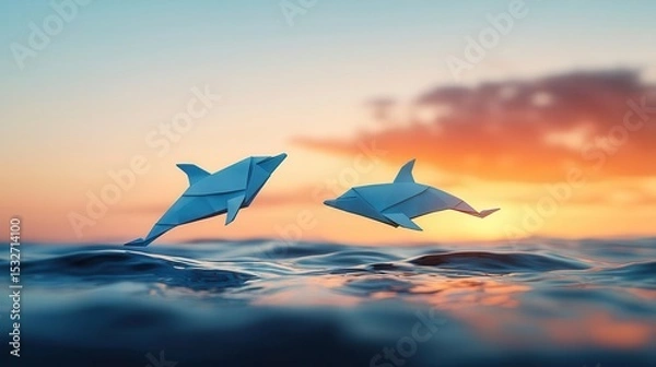 Fototapeta Cozy ocean sunset scene with origami sailboats and playful folded dolphins jumping in the waves