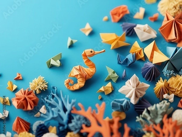 Fototapeta Playful origami seahorses floating among vibrant coral reefs, creating a whimsical and cozy scene
