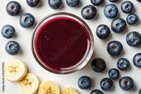 Fototapeta  Overhead view of blueberry banana smoothie, round glass centered among sliced bananas and whole berries on white background