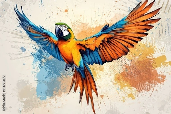 Fototapeta  Colorful parrot mid-flight with wide wings, vivid blue and orange feathers set against artistic paint-splash style background