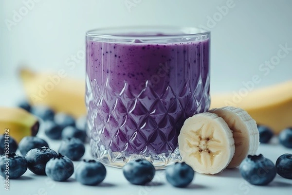 Fototapeta  Blueberry banana smoothie in textured glass, ripe fruits scattered around drink, vibrant purple color suggests health and flavor