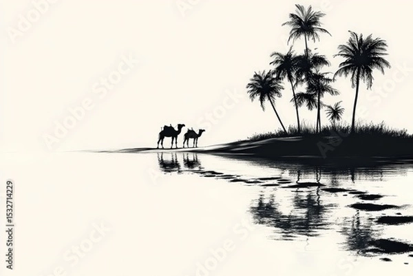 Fototapeta  Minimalist black silhouette of camels near palm trees, quiet reflection over desert water, elegant monochrome cultural scene