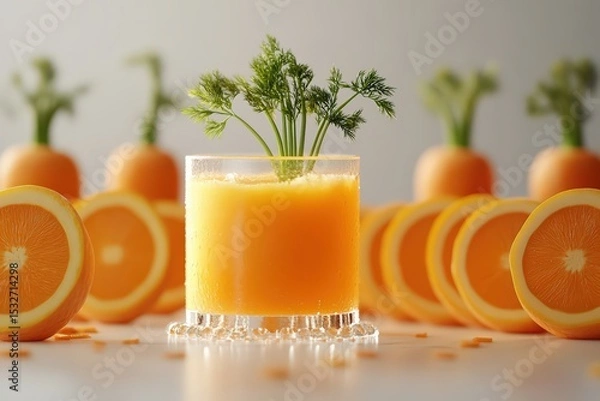 Fototapeta  Glass of carrot juice garnished with fresh greens, surrounded by halved oranges and whole carrots in clean vibrant composition
