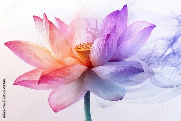 Fototapeta  Colorful lotus flower with smooth gradient petals, pink, purple, orange shades blend into soft background like watercolor art