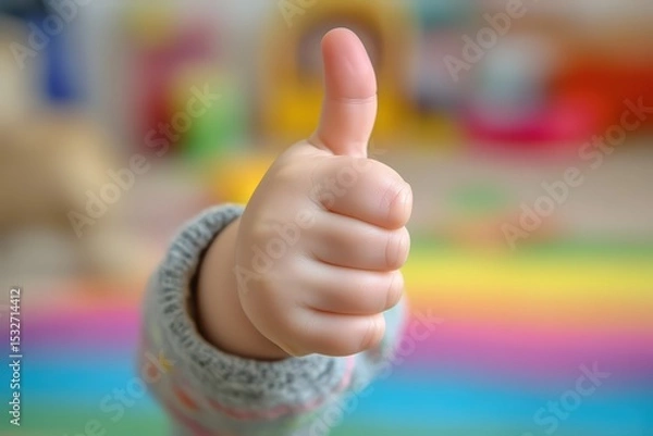 Fototapeta  Child’s hand giving thumbs up, soft focus background with rainbow tones, gesture expressing joy, positivity, and approval