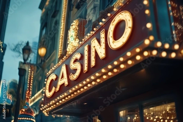 Fototapeta  Bright casino entrance with glowing marquee lights, bold retro lettering, inviting atmosphere for entertainment and nightlife fun