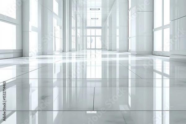 Fototapeta  Bright corridor with reflective white tiled floor, large glass walls and strong daylight suggest open modern office architecture