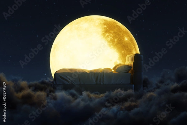 Fototapeta Cozy bed over fluffy clouds at night, lit by the full moon. 3D Rendering