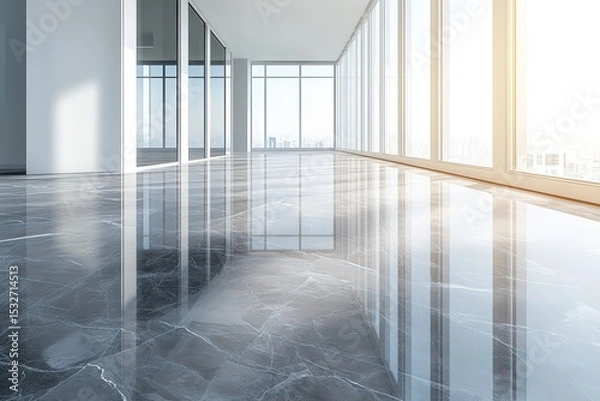 Fototapeta  Glossy dark marble tiles in empty office hallway, sunlight pours through large windows, sleek and modern architectural space