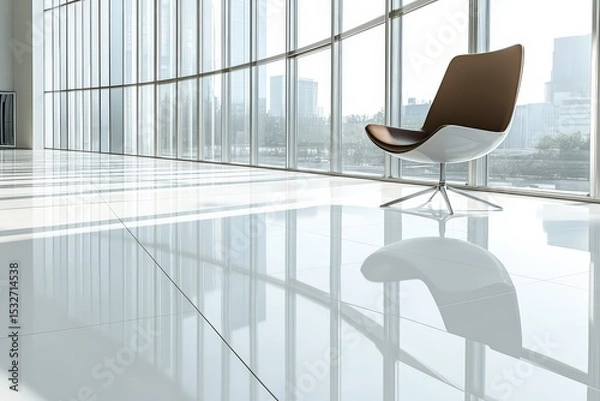 Fototapeta  Modern office with white tiled floor, single designer chair and tall glass windows reflecting sleek cityscape in daylight