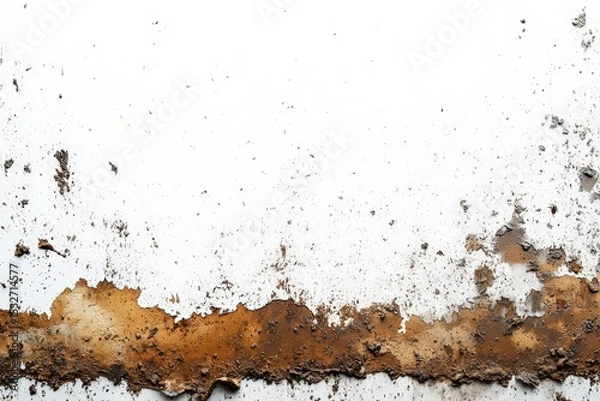 Fototapeta  Rusty peeling paint on white wall surface, deep corrosion along lower edge, symbolizing decay, neglect, and structural deterioration