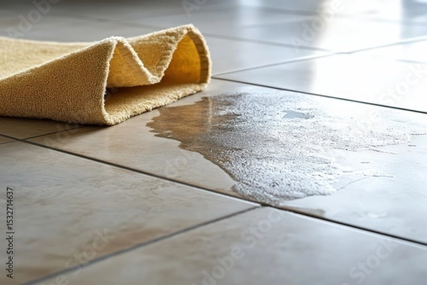 Fototapeta  Water spill on tiled floor near rolled towel, domestic accident scene suggesting potential hazard or slip-and-fall risk indoors
