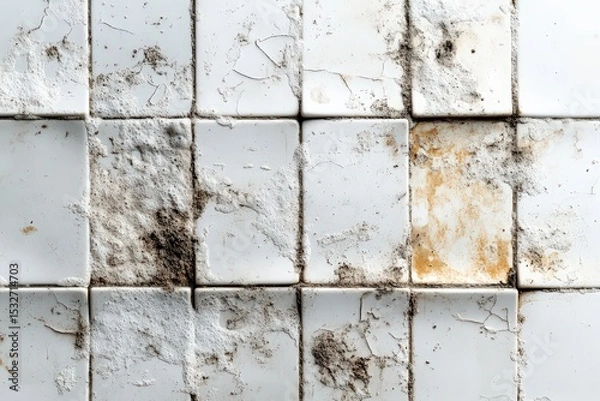 Fototapeta  Close-up of extremely dirty white tiles, moldy and stained surface with cracked grout lines, showing severe structural neglect