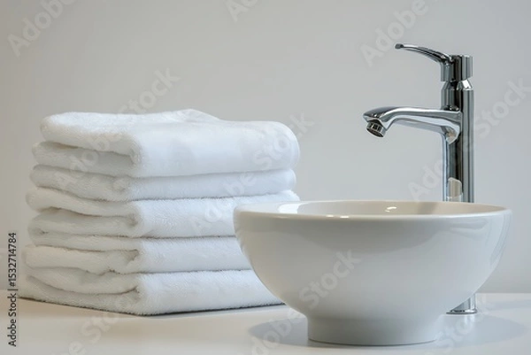 Fototapeta  Stack of white towels beside round sink and chrome faucet, clean bathroom setting highlights simplicity, hygiene, and calm living