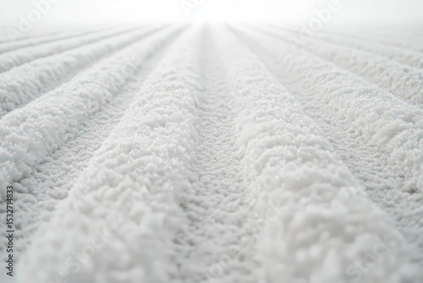 Fototapeta  Snow-covered field with symmetrical lines, soft white texture creates peaceful, wintry rural landscape under cloudy sky